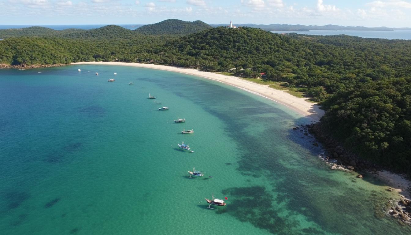 Praia do Farol na Ilha do Mel — vista panorâmica da praia com o mar azul e vegetação preservada